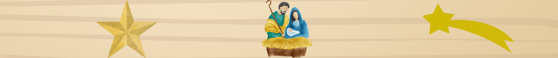 Auf einem hellen Holzbrett sind verschiedene Figuren aufgemalt. Es sind ein Komet, ein Stern sowie eine Krippe an der Maria und Josef das Jesuskind in den Armen halten.