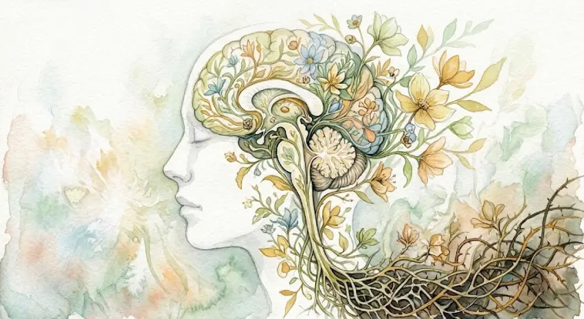 Aquarell: Profil eines Kopfes mit geschlossenen Augen, darin ein Gehirn aus Blüten und Ranken, dessen Wurzeln in die Erde reichen.