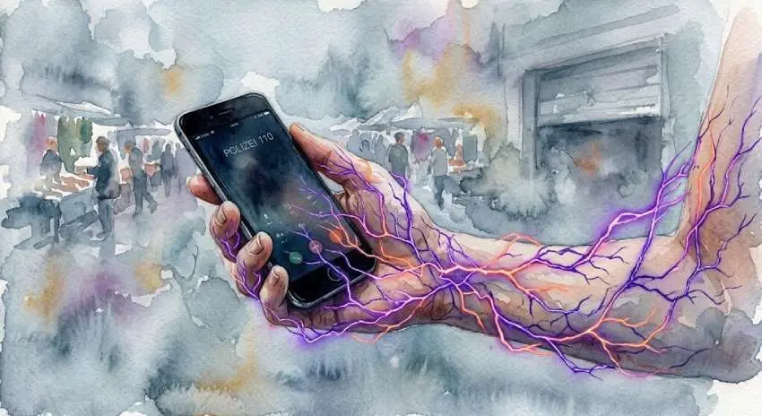 Aquarell: Hand mit Smartphone, auf dem Display „Polizei 110“. Violette und orange Linien ziehen wie Kribbeln durch Hand und Unterarm. Im Hintergrund Markt und Garage.
