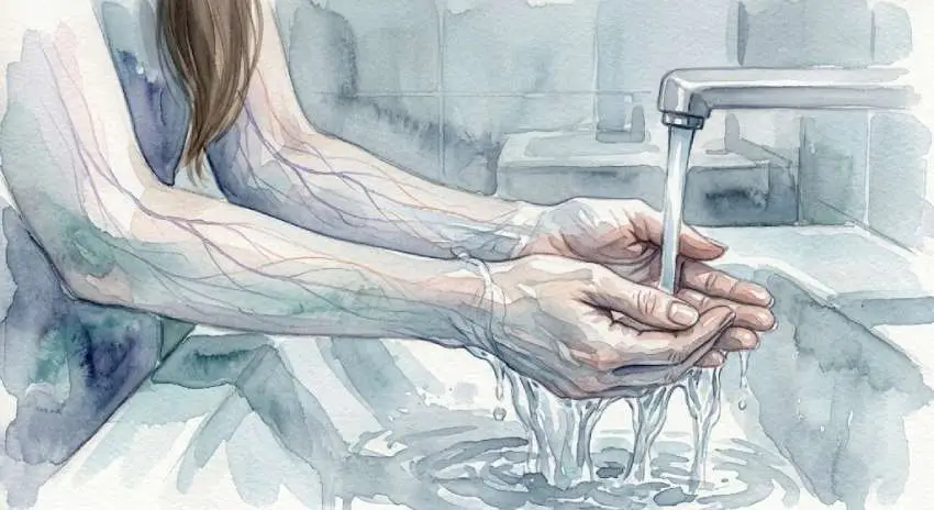 Aquarell in Grau-Blau: Frauenarme unter einem laufenden Wasserhahn. Feine violette Linien in den Unterarmen werden zum Wasser hin schwächer.
