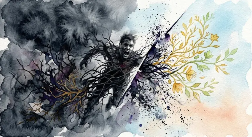 Aquarell: Aus einer schwarzen Wolke stürzt ein schreiender Mann hervor. Die Wolke reißt auf, auf der hellen Seite wachsen gelbe Blüten.