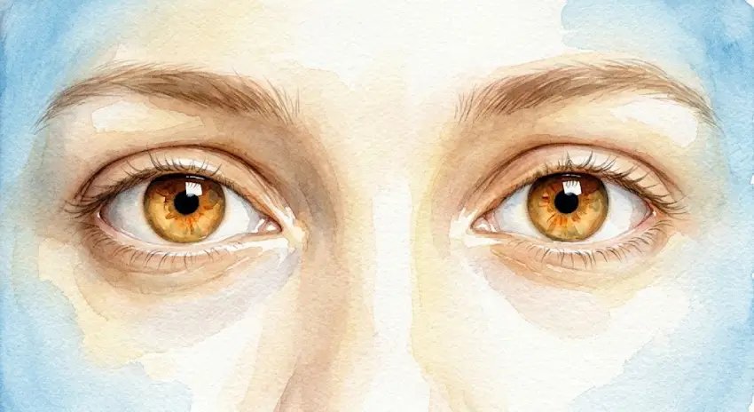 Aquarell: Nahaufnahme zweier bernsteinfarbener Augen mit ruhigem, offenem Blick.