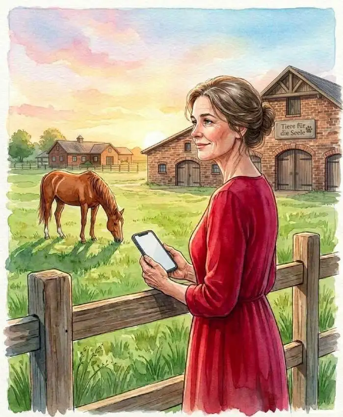 Aquarell: Eine Frau im roten Kleid steht bei Sonnenaufgang mit dem Handy in der Hand an einem Holzzaun. Auf der Weide grast ein fuchsfarbenes Pferd, dahinter stehen Stallgebäude aus Backstein.
