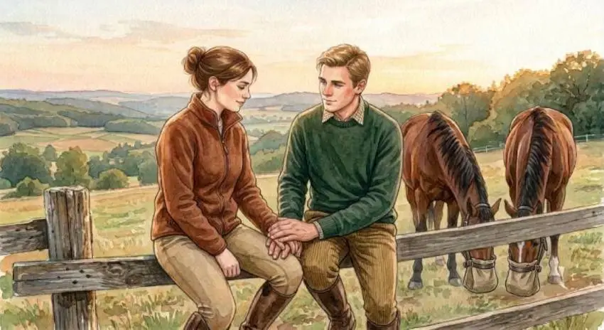 Aquarell: Eine junge Frau und ein junger Mann in Reitkleidung sitzen bei Abendlicht auf einem Weidezaun. Er hält vorsichtig ihre Hand, sie blickt nach unten. Daneben fressen zwei Pferde aus Futterbeuteln, im Hintergrund die Hügel der Holsteinischen Schweiz.