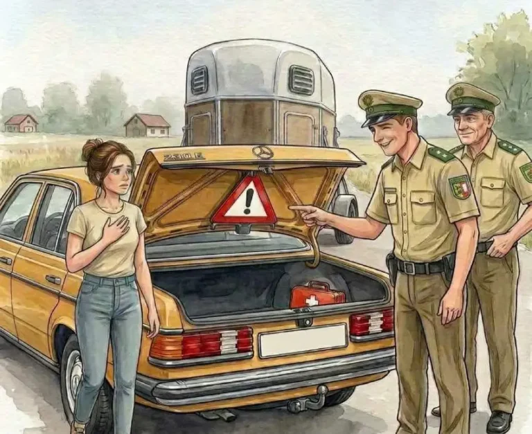 Aquarell: Eine junge Frau steht verunsichert neben einem beigen Mercedes 230 E mit Pferdeanhänger. Ein Polizist zeigt zwinkernd auf das Warndreieck in der offenen Heckklappe, sein älterer Kollege lächelt.