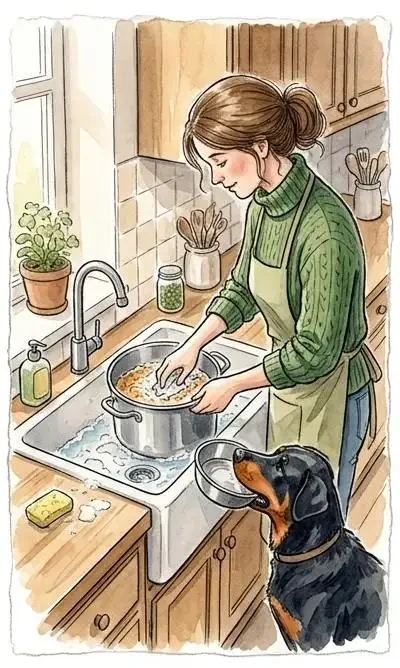 Aquarell: Frau spült einen Kochtopf, neben ihr hält ihr schwarz-brauner Hund seinen Napf im Maul.