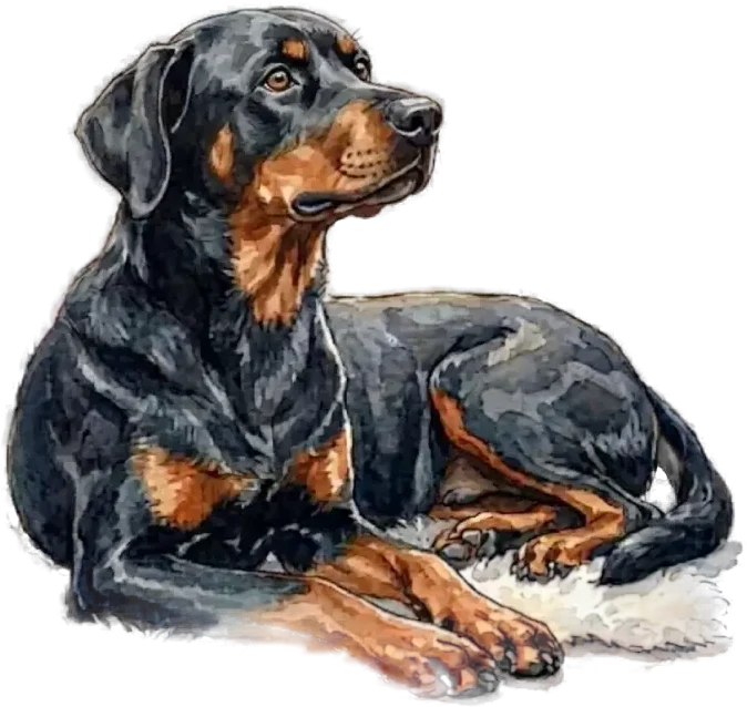 Aquarell: Beauceron liegt entspannt auf einem hellen Fellteppich und schaut aufmerksam zur Seite, daneben eine Vase mit Eukalyptuszweigen.