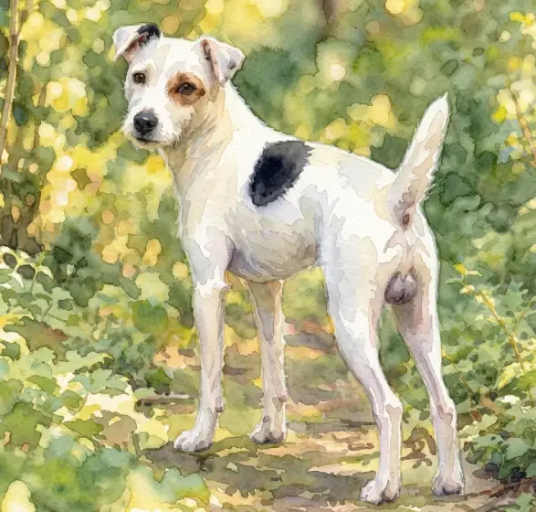 Aquarell: Biggs, ein weißer Terrier mit braunem Fleck am Auge und schwarzem Fleck am Rücken, steht aufmerksam auf einem sonnigen Waldweg.