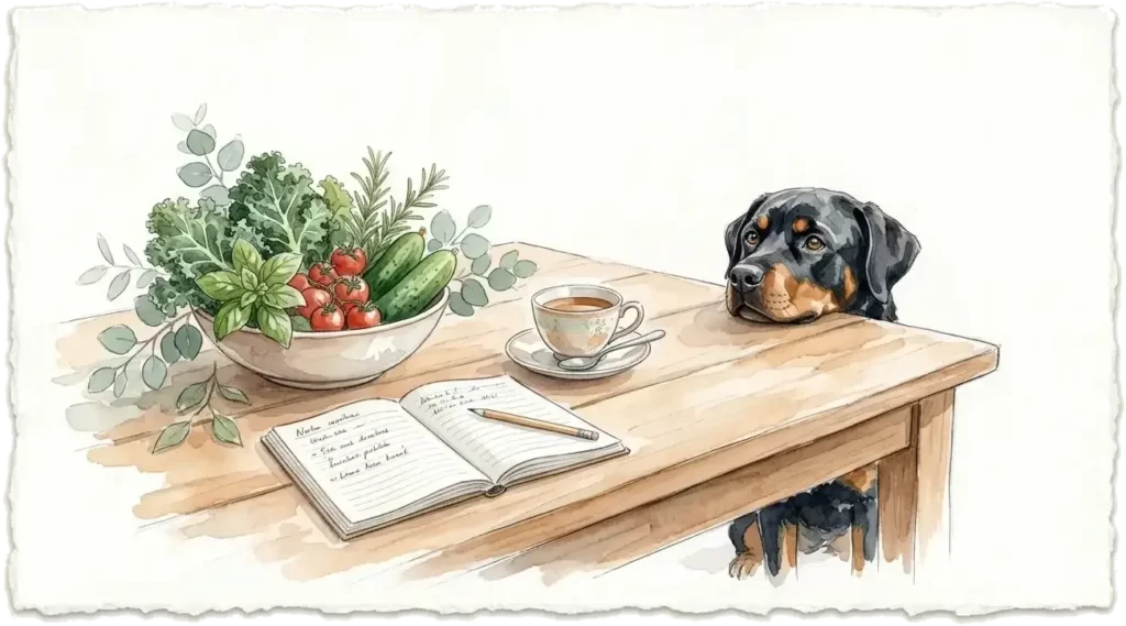 Aquarell: Holztisch mit einer Schale Gemüse und Kräutern, einer Tasse Tee und einem aufgeschlagenen Notizbuch, ein schwarz-brauner Hund legt seinen Kopf auf die Tischkante.