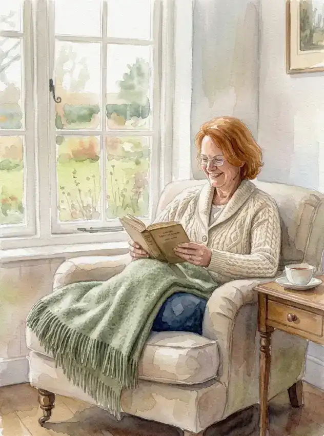 Aquarell: Dagmar Meinen sitzt lächelnd mit einem Buch im Sessel am Fenster, eine grüne Decke über den Beinen, daneben eine Tasse Tee.