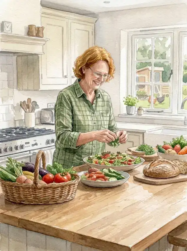 Aquarell: Dagmar Meinen im grün karierten Hemd bereitet an ihrer Küchentheke einen bunten Salat zu, daneben ein Korb mit frischem Gemüse und ein Brot.
