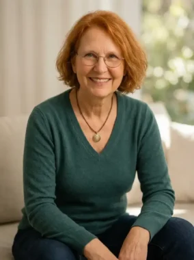 Dagmar Meinen mit rot-blonden Haaren, runder Brille und grünem Pullover sitzt auf einem hellen Sofa und lächelt.