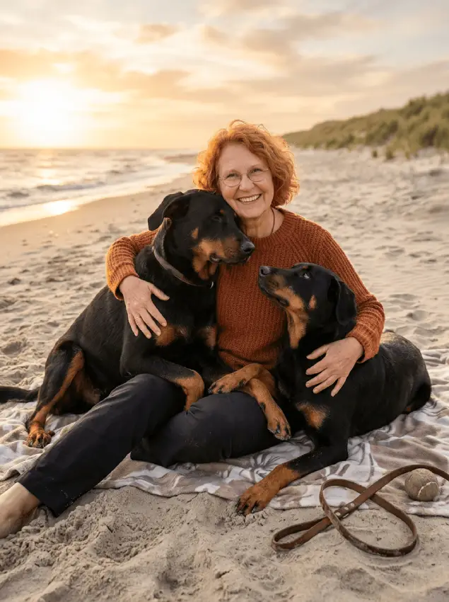 Dagmar Meinen sitzt bei Sonnenuntergang auf einer Decke am Strand und hält lachend ihre beiden schwarz-braunen Hunde (Beauceron) im Arm.