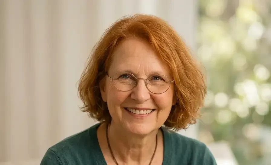 Porträt von Dagmar Meinen: Frau mit roten Haaren und runder Brille lächelt offen in die Kamera, im Hintergrund ein helles Fenster.
