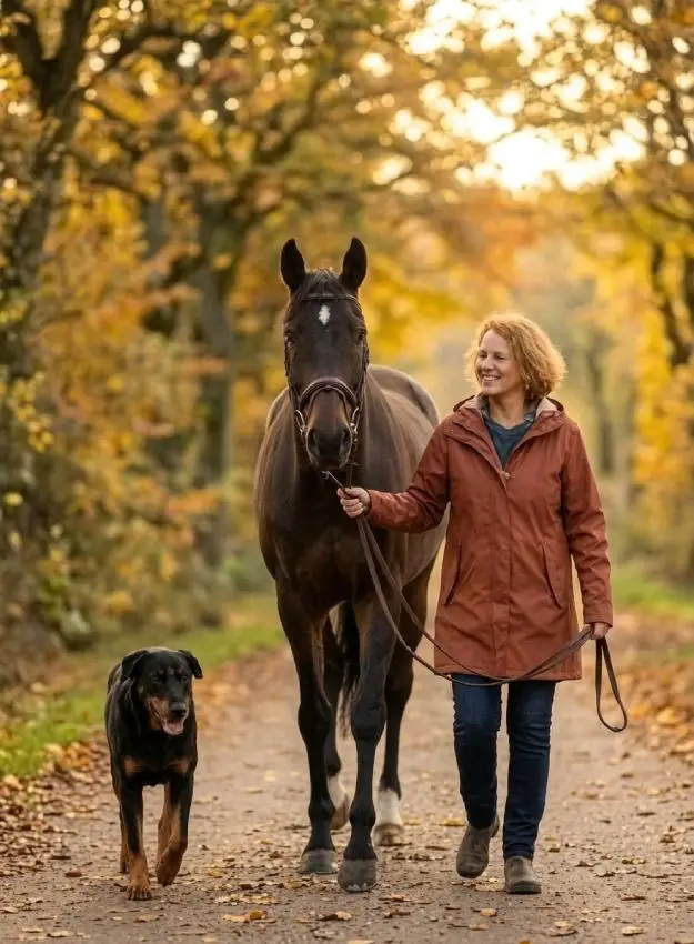 Dagmar Meinen führt ihr dunkelbraunes Pferd an einem Herbsttag durch eine Allee mit buntem Laub, ihr schwarz-brauner Hund (Beauceron) läuft vorneweg.