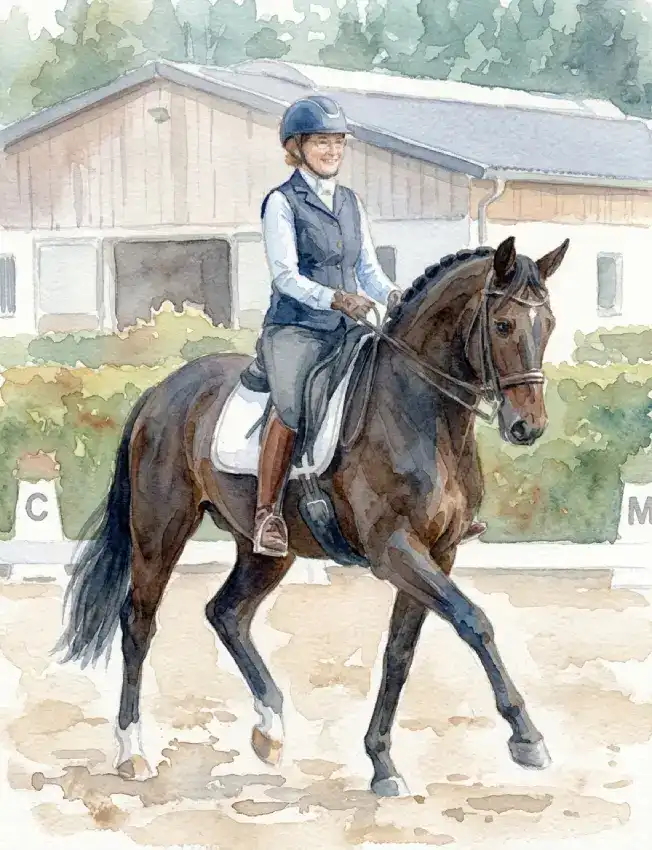Aquarell: Dagmar Meinen reitet ein dunkelbraunes Pferd im versammelten Trab über ein Dressurviereck.