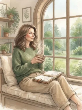 Aquarell: Frau sitzt entspannt mit einer Tasse Tee und einem Notizbuch auf der Fensterbank und schaut in den Garten.