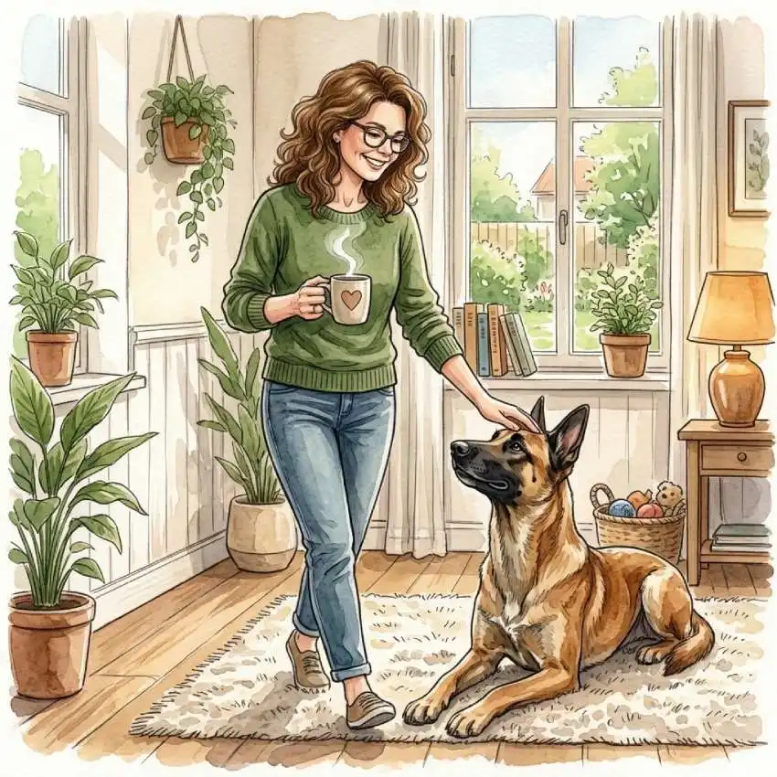 Aquarell: Frau mit Brille und Kaffeetasse streichelt lächelnd ihren Belgischen Schäferhund, der entspannt auf dem Teppich liegt.