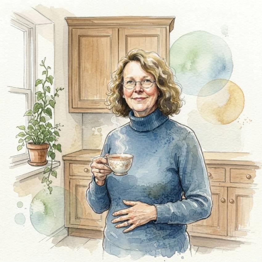 Aquarell: Frau mit lockigem Haar steht entspannt in ihrer Küche, hält eine Tasse Tee und legt eine Hand auf den Bauch.