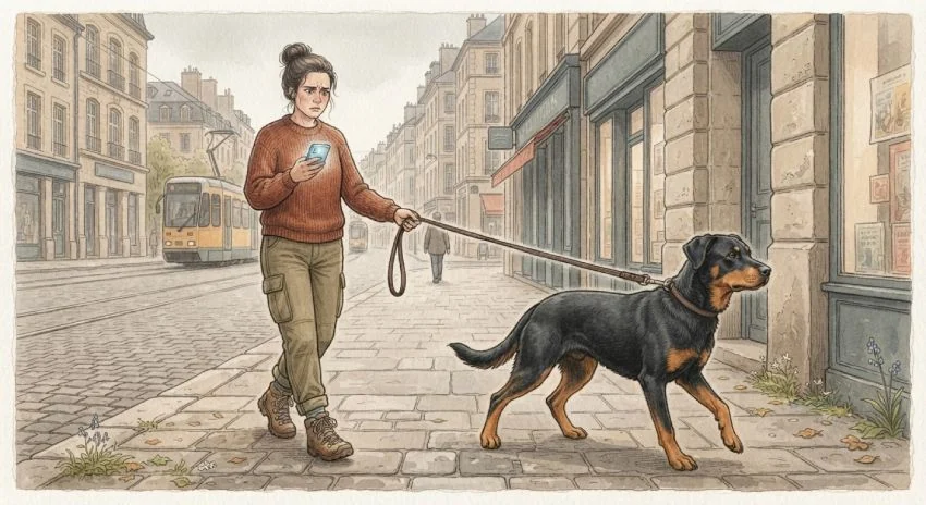Aquarell: Gestresste Frau schaut beim Gassigehen aufs Handy, ihr schwarz-brauner Hund zieht an der Leine.