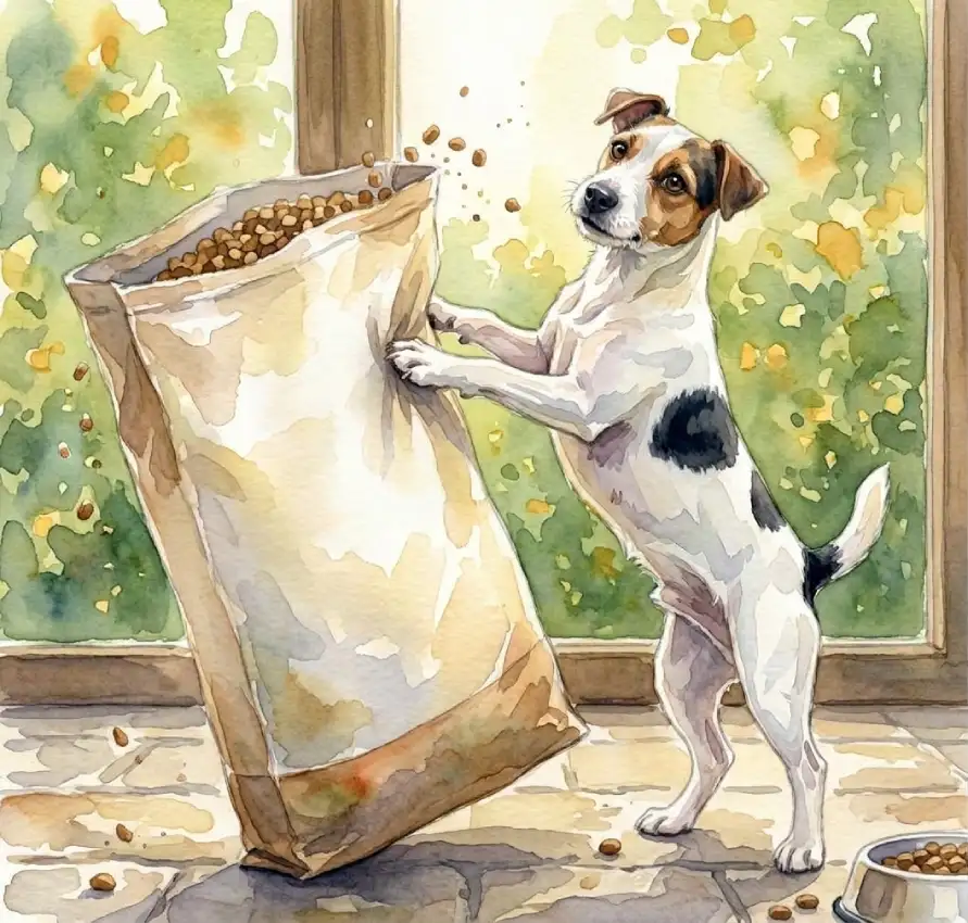 Aquarell: Kleiner Terrier steht auf den Hinterbeinen an einem großen Futtersack, aus dem Trockenfutter fällt, daneben steht ein Napf.