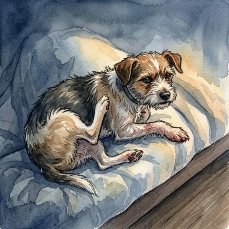Aquarell: Kleiner Terrier-Mischling kratzt sich auf seinem Kissen mit dem Hinterbein, seine Vorderpfote ist gerötet.