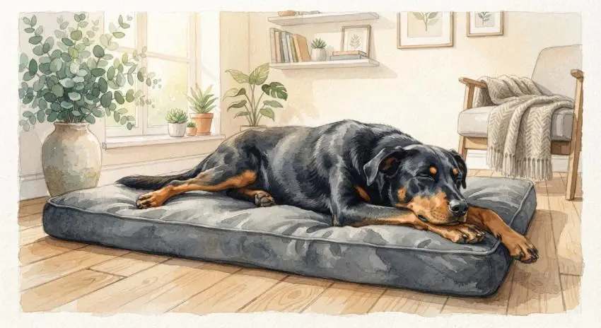 Aquarell: Beauceron döst entspannt auf einem großen grauen Hundebett in einem hellen Wohnzimmer.