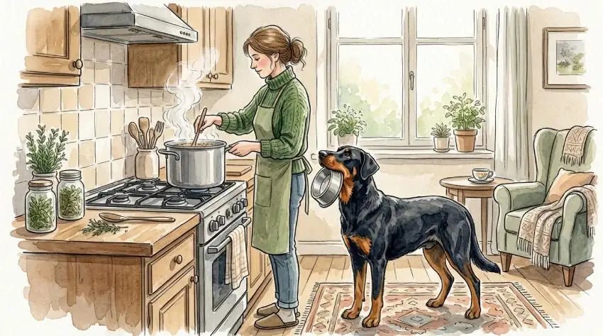 Aquarell: Frau in grünem Pullover und Schürze rührt in einem dampfenden Topf, neben ihr wartet ein Beauceron mit seinem Napf im Maul.