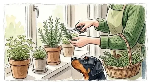 Aquarell: Hände schneiden Rosmarin von Kräutertöpfen auf der Fensterbank, ein schwarz-brauner Hund schaut neugierig nach oben.