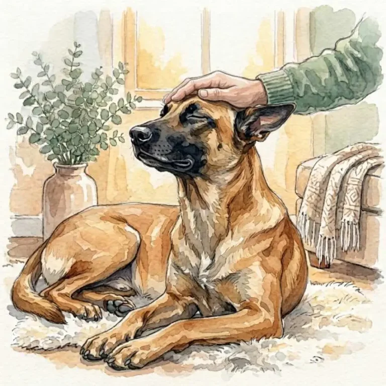 Aquarell: Eine Hand streichelt sanft den Kopf eines Belgischen Schäferhunds, der mit geschlossenen Augen entspannt auf einem Teppich liegt.