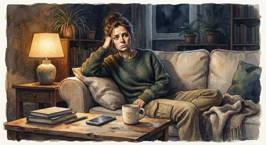 Aquarell: Erschöpfte Frau sitzt abends auf dem Sofa, den Kopf in die Hand gestützt, vor ihr eine Tasse und das Handy.