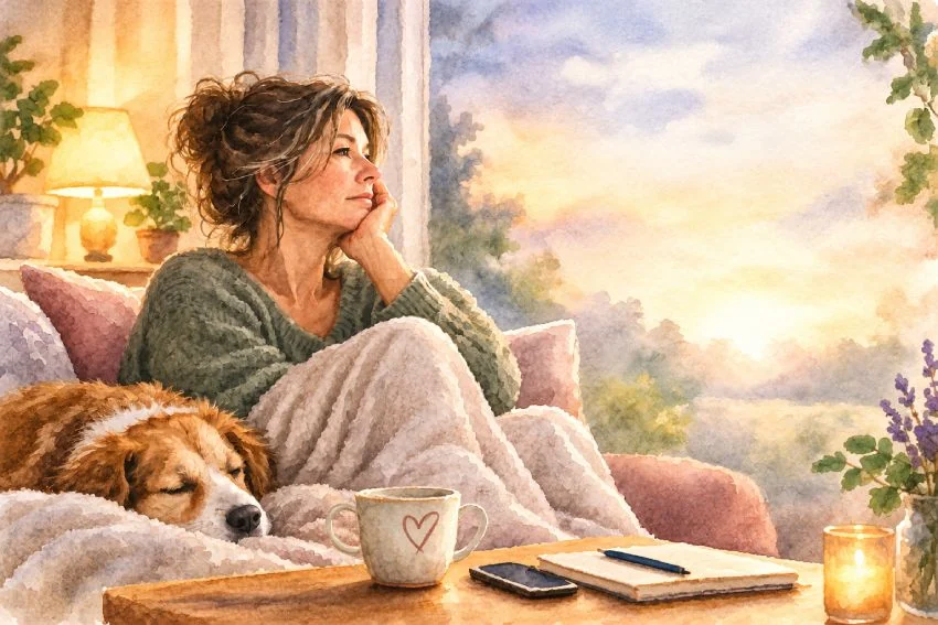 Aquarell: Frau sitzt in eine Decke gehüllt am Fenster und schaut in den Sonnenaufgang, ihr Hund schläft an ihrer Seite.
