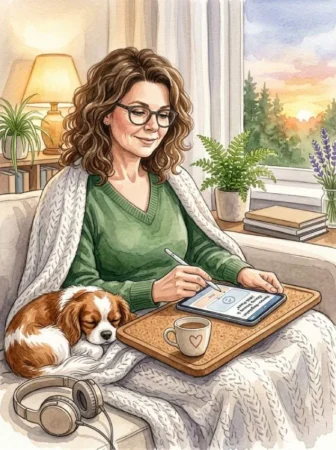 Aquarell: Eine Frau sitzt eingekuschelt auf dem Sofa mit Tablet und Tee, ihr kleiner Hund schläft neben ihr.