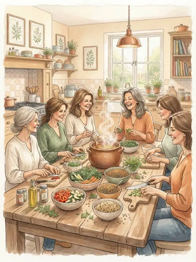 Aquarell: Sechs Frauen sitzen lachend an einem großen Holztisch, schnippeln Gemüse und kochen gemeinsam einen Eintopf.