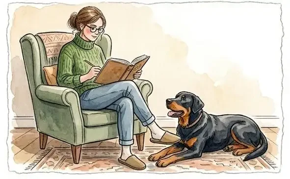 Aquarell: Frau mit Brille sitzt im grünen Sessel und notiert etwas in ein Rezeptbuch, ihr schwarz-brauner Hund liegt entspannt zu ihren Füßen.