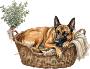 Aquarell: Ein Schäferhund liegt eingerollt in einem Weidenkorb auf einer hellen Decke und schläft, daneben ein Eukalyptuszweig in einer Vase.