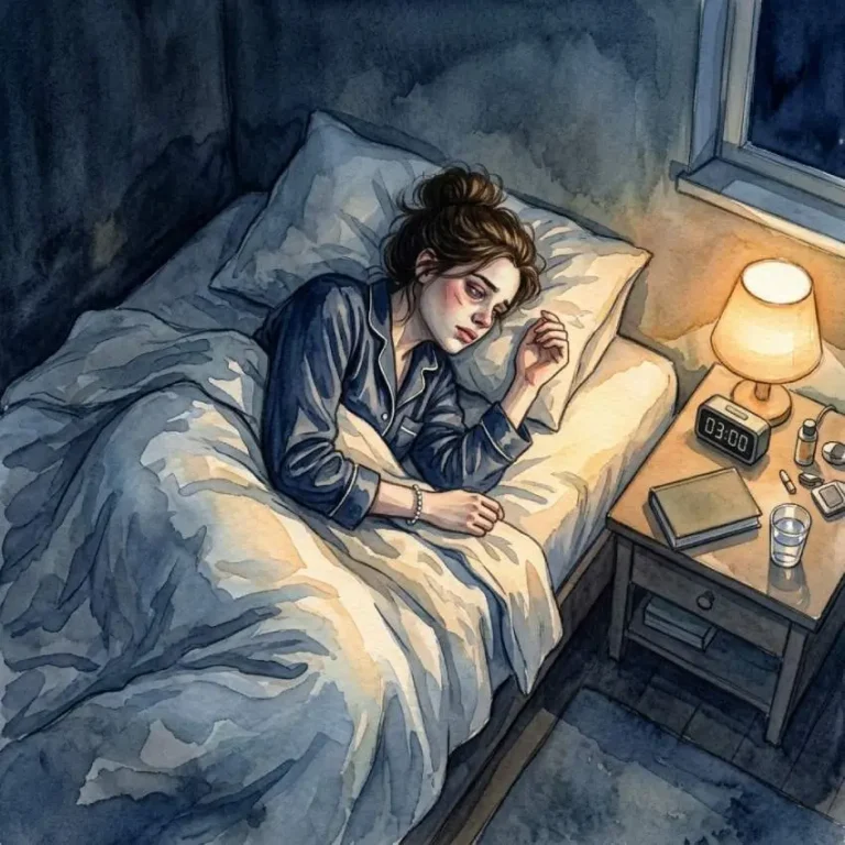 Aquarell: Frau im dunkelblauen Schlafanzug liegt erschöpft im Bett, auf dem Nachttisch leuchtet eine Lampe, der Wecker zeigt 3:00 Uhr.