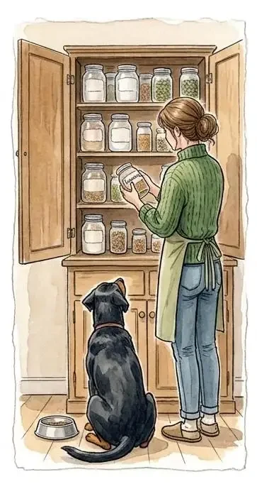 Aquarell: Frau sucht im Vorratsschrank ein Glas heraus, ihr schwarz-brauner Hund sitzt daneben vor seinem Napf und wartet.