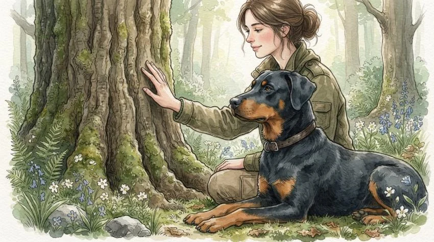 Aquarell: Frau legt ihre Hand an die Rinde eines alten Baumes, ihr Beauceron liegt entspannt daneben.