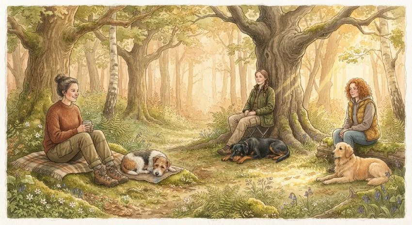 Aquarell: Drei Frauen sitzen mit Abstand entspannt im Wald, neben jeder liegt ihr Hund.