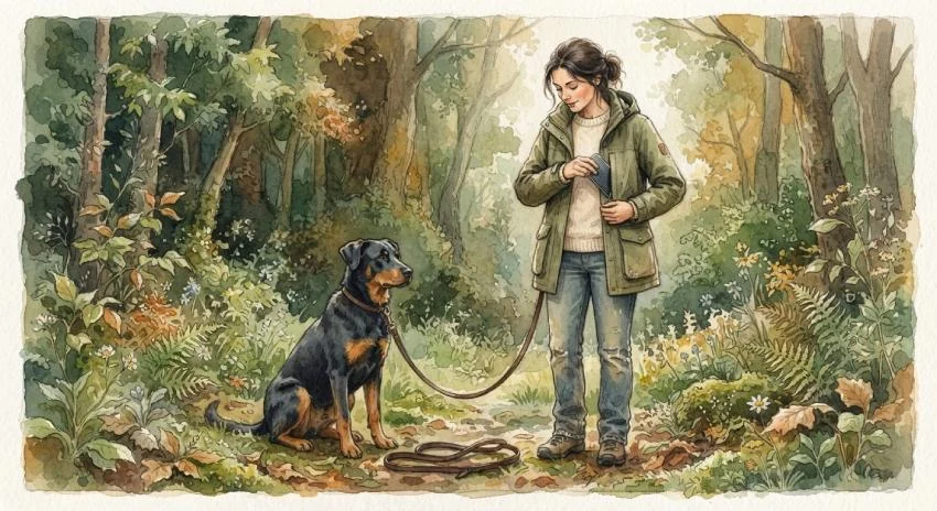 Aquarell: Frau steckt im Wald ihr Handy in die Jackentasche, ihr Hund sitzt neben ihr und schaut sie an.
