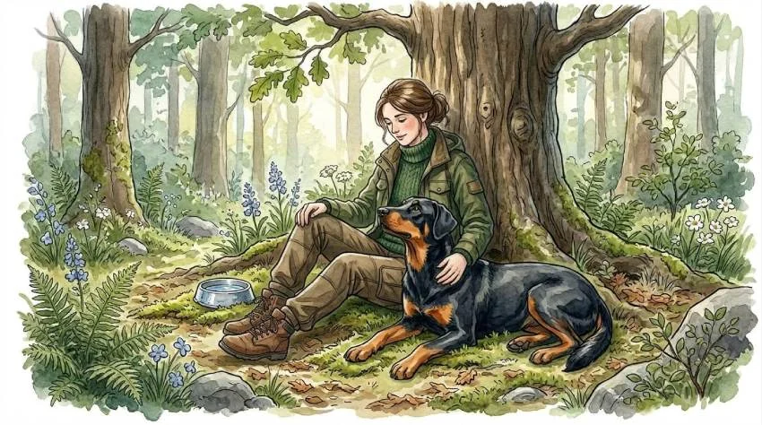 Aquarell: Frau sitzt an einen Baum gelehnt im Wald und streichelt ihren Beauceron, der neben ihr liegt.