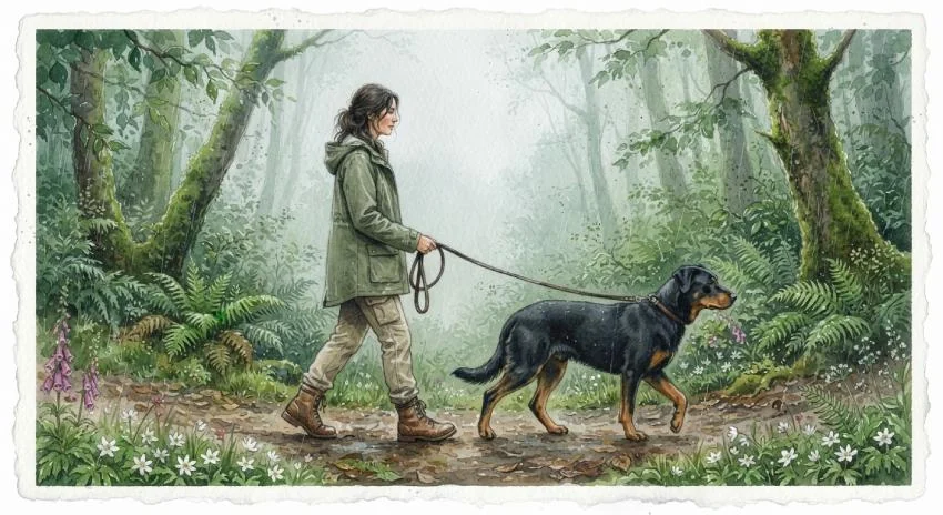 Aquarell: Frau in Regenjacke geht mit ihrem Beauceron an der Leine durch einen nebligen, feuchten Wald.