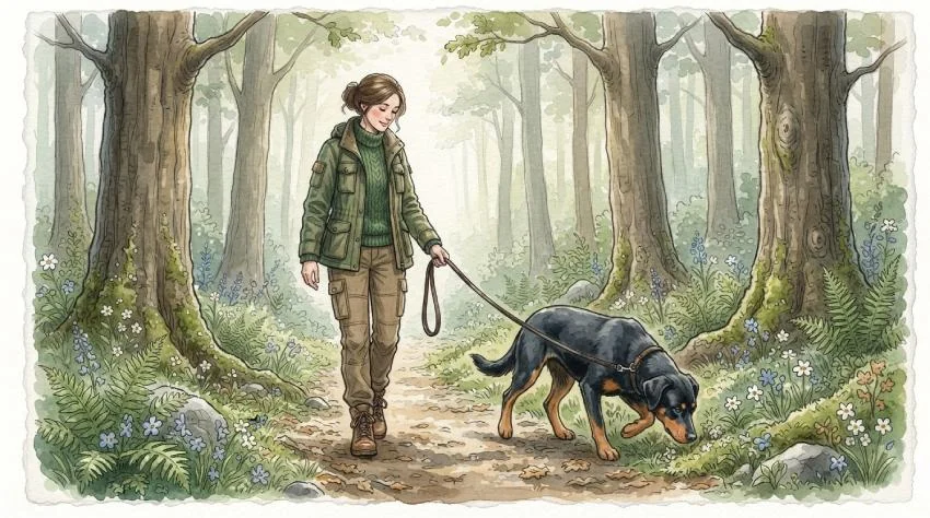 Aquarell: Frau geht langsam einen Waldweg entlang, ihr Hund schnüffelt am Wegrand.