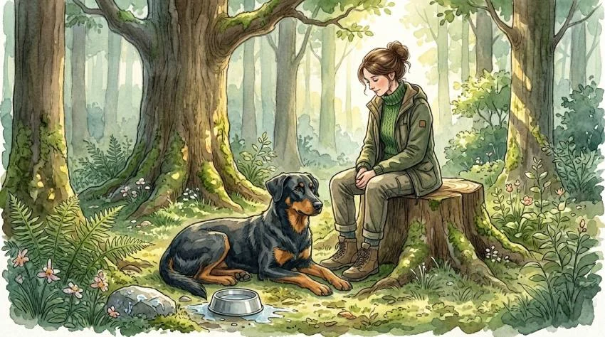 Aquarell: Frau sitzt auf einem Baumstumpf im Wald, ihr Beauceron liegt entspannt neben einem Wassernapf.