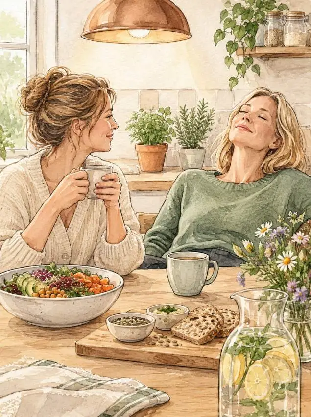 zwei frauen durchatmen tisch